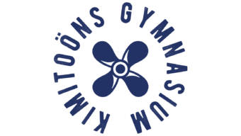 Kimitoöns gymnasiums logo, som består av gymnasiets namn i text och en propellersymbol.