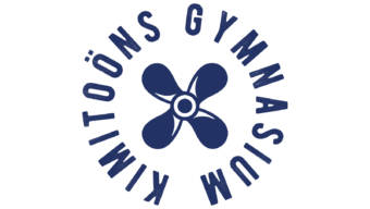 Kimitoöns gymnasiums logo, som består av gymnasiets namn i text och en propellersymbol.